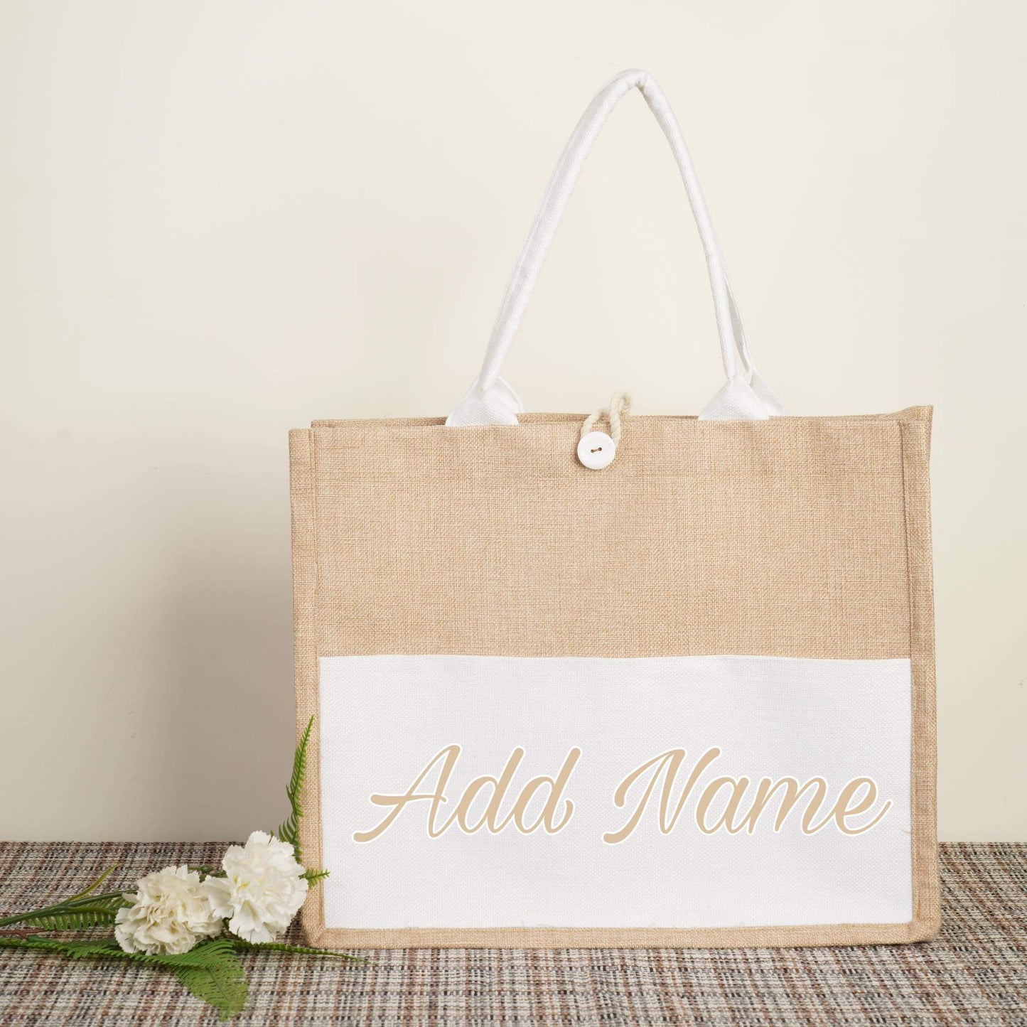 Jute tote bag with pocket outside