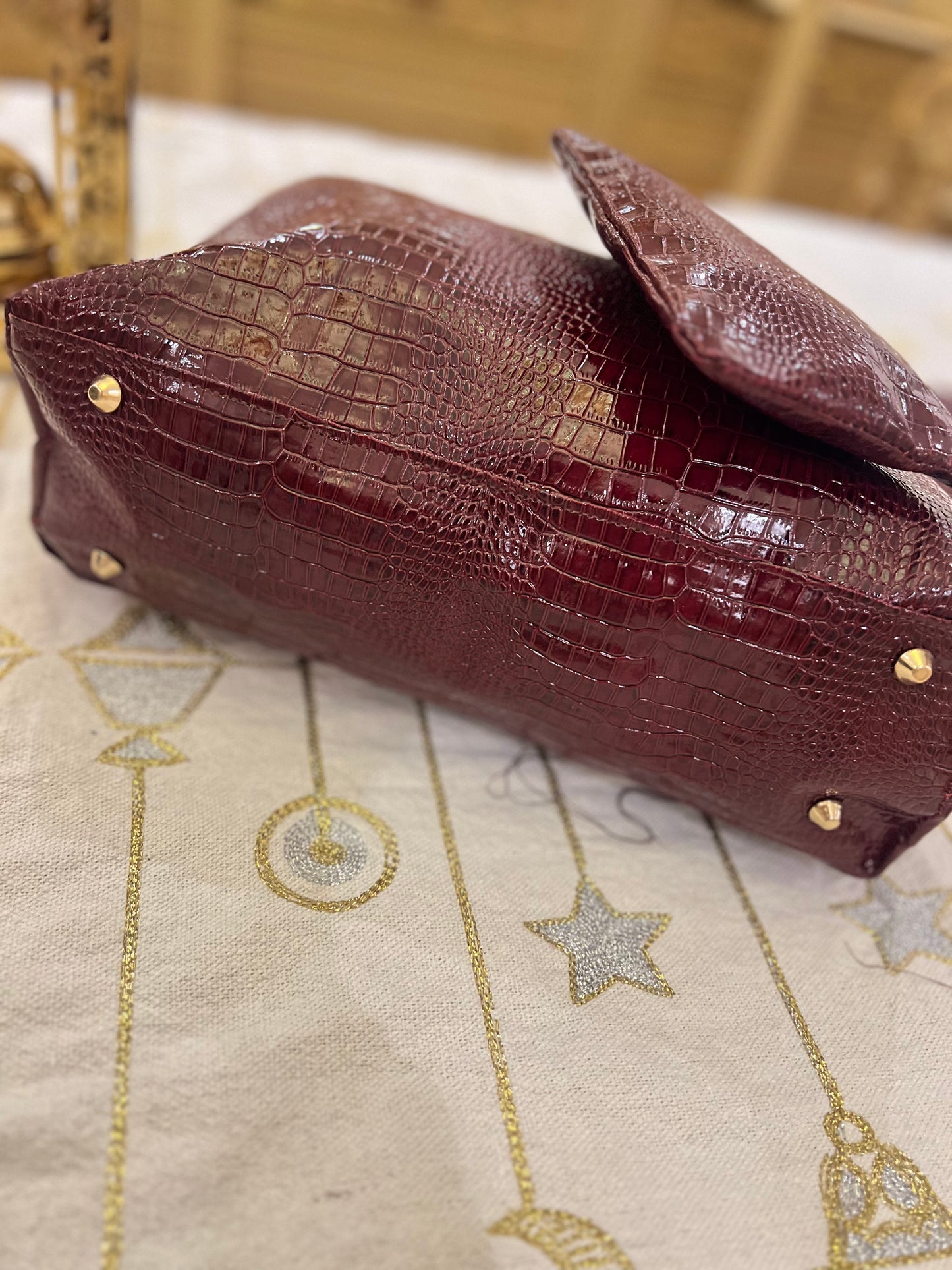 Bold burgundy Croc Embossed Tote with Matching Pouch