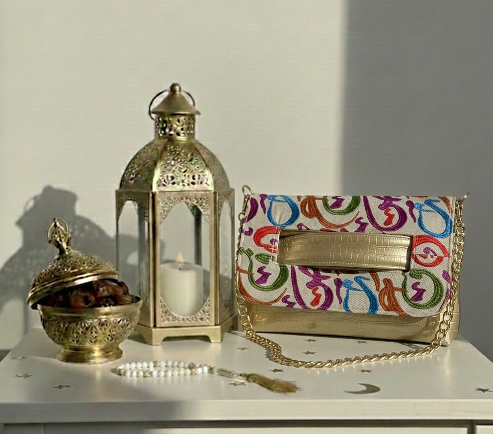 Colorful calligraphy clutch