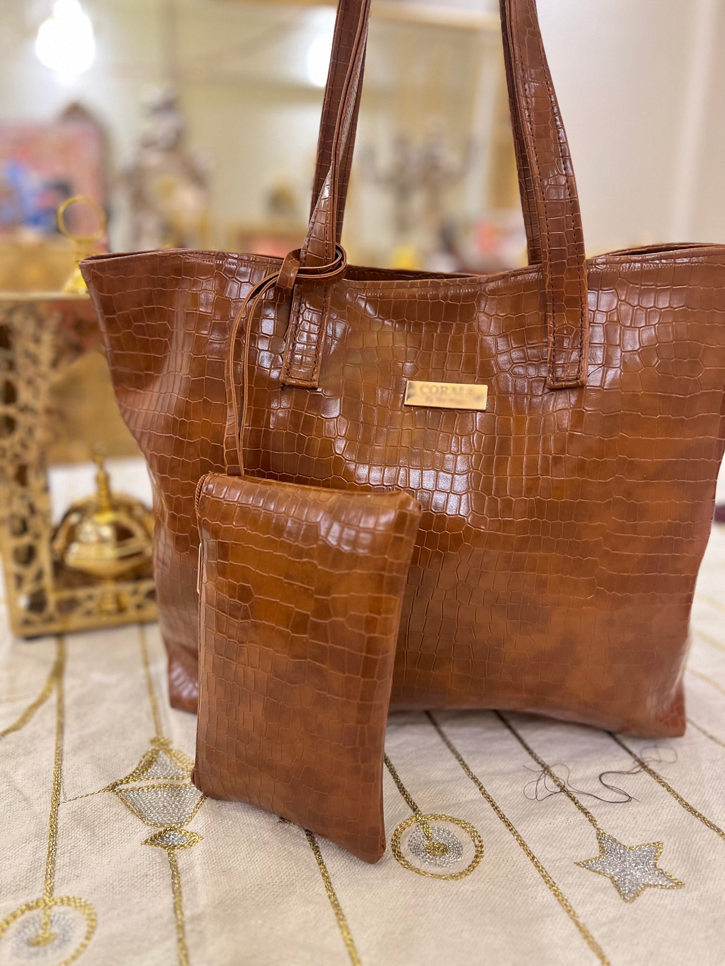 Camel Croc Embossed Tote with Matching Pouch