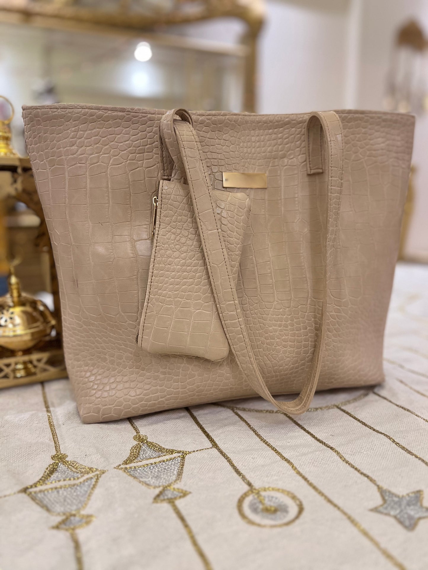 Beige Croc Embossed Tote bag with Detachable Pouch
