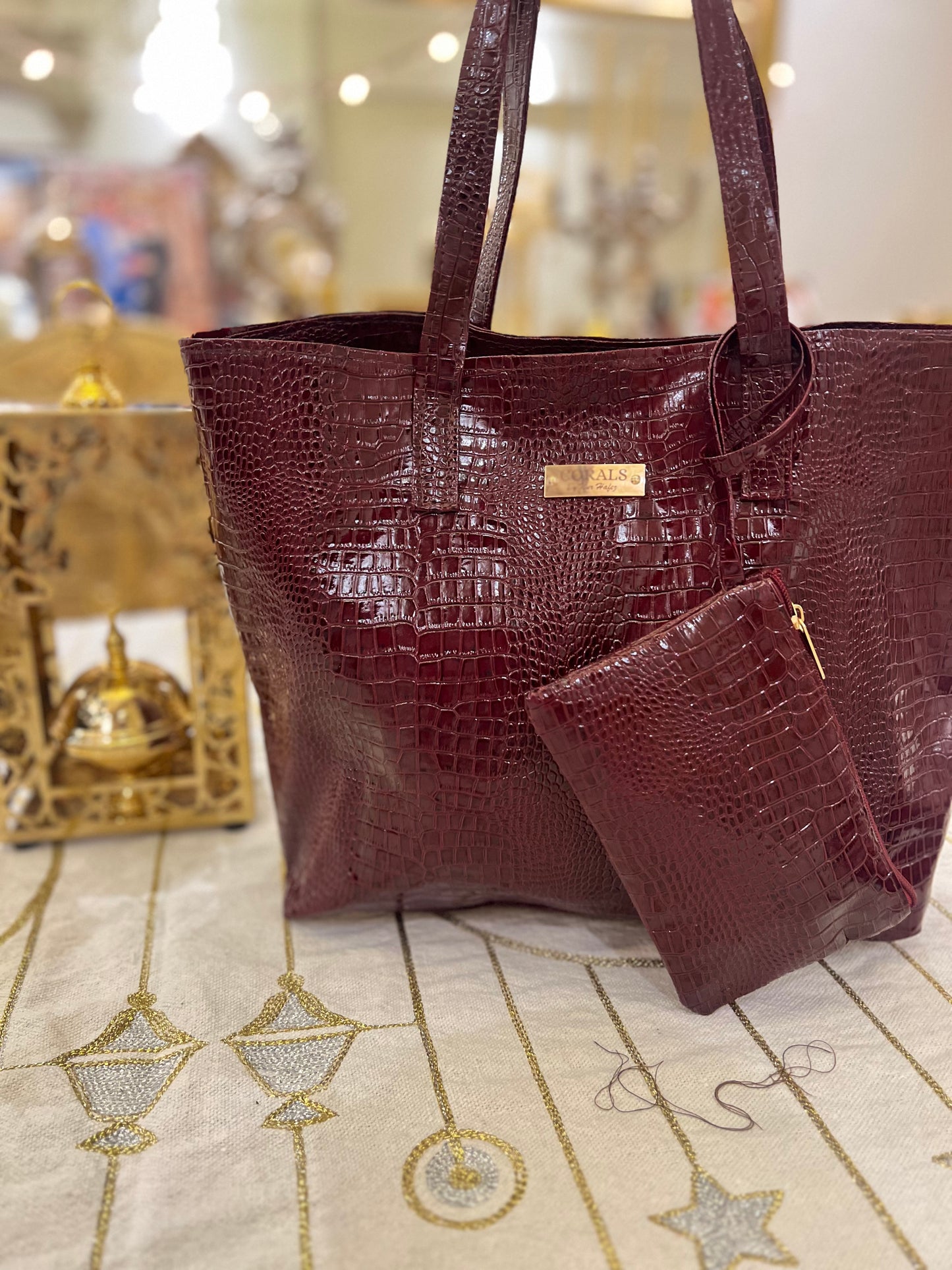 Bold burgundy Croc Embossed Tote with Matching Pouch