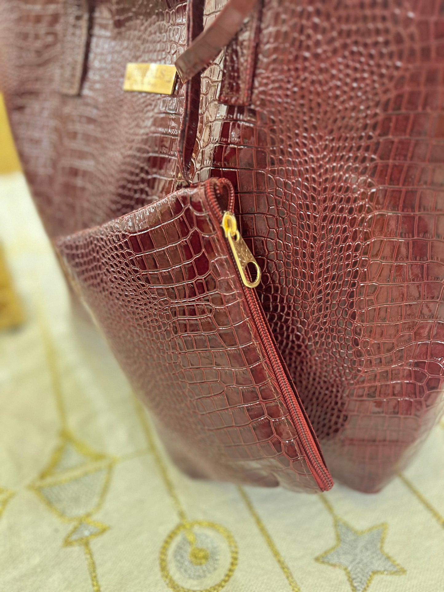 Bold burgundy Croc Embossed Tote with Matching Pouch