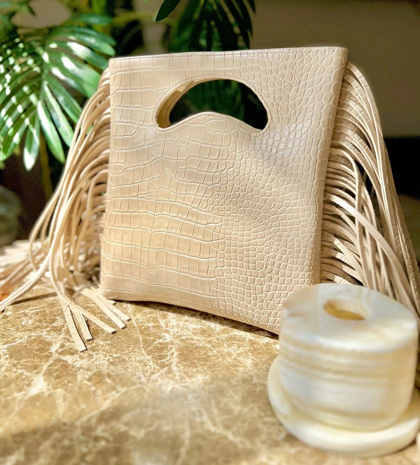 Crocova beige with fringes – Cutout Handle Clutch