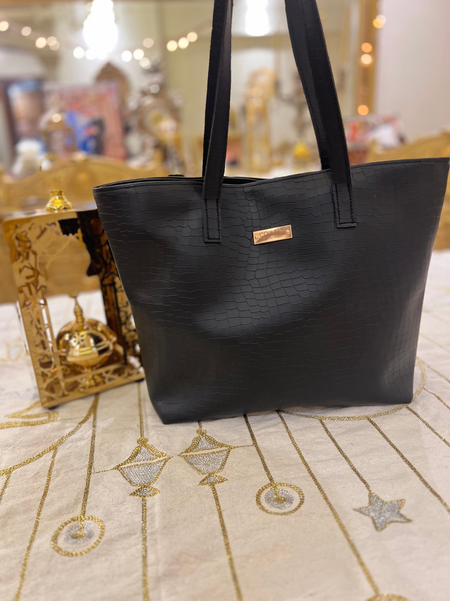 Black Croc Mat Tote Bag with Matching Pouch