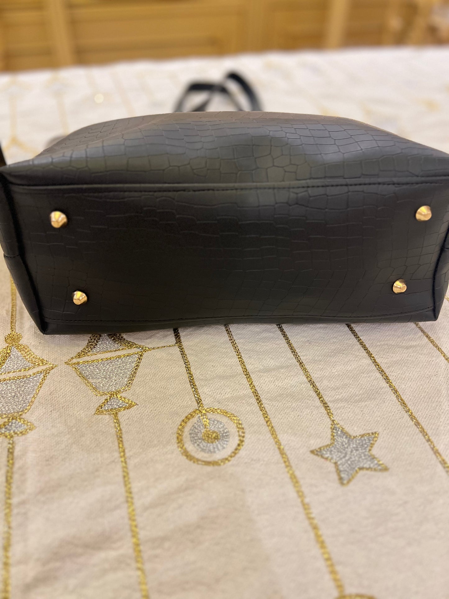 Black Croc Mat Tote Bag with Matching Pouch