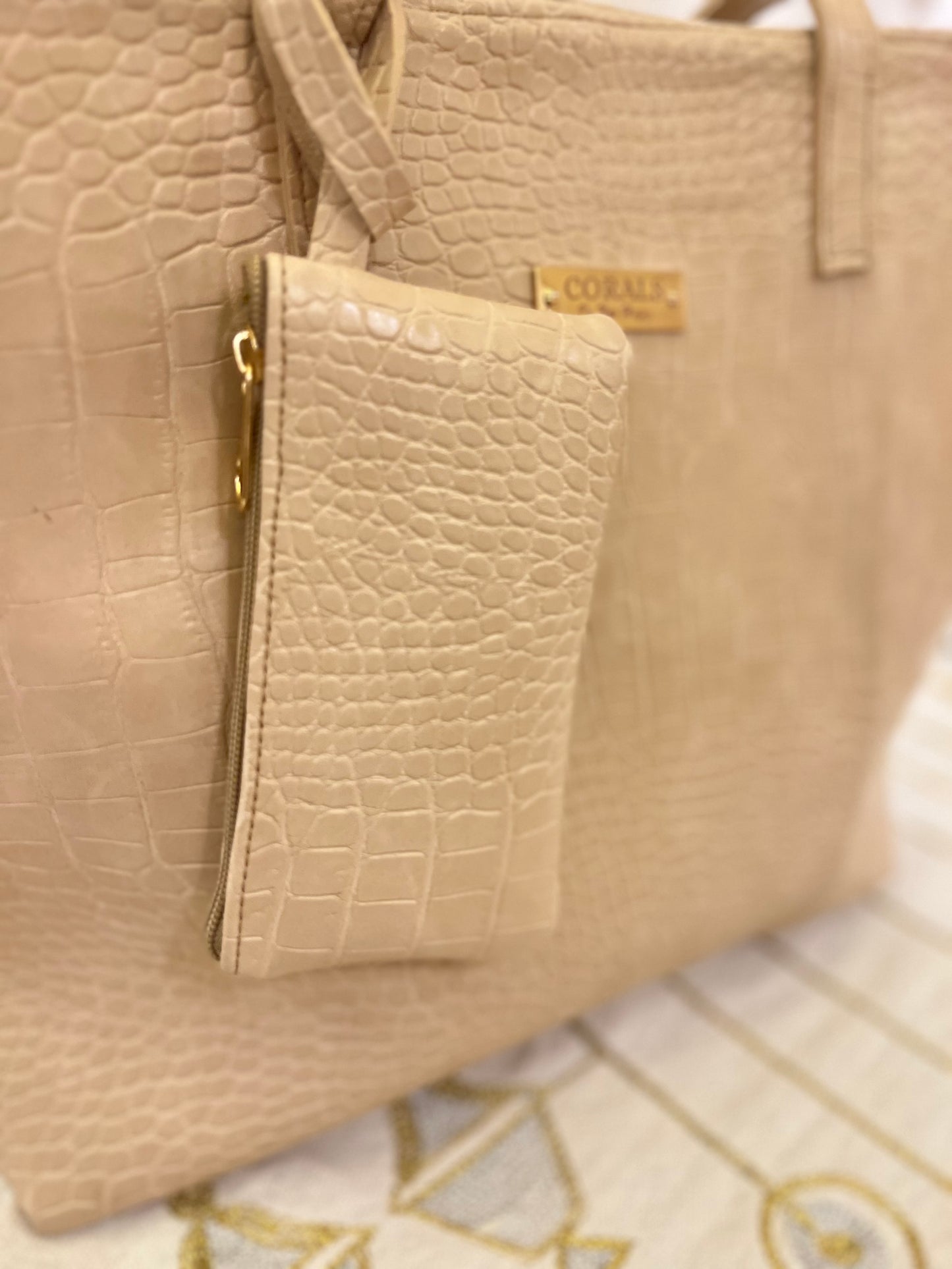 Beige Croc Embossed Tote bag with Detachable Pouch
