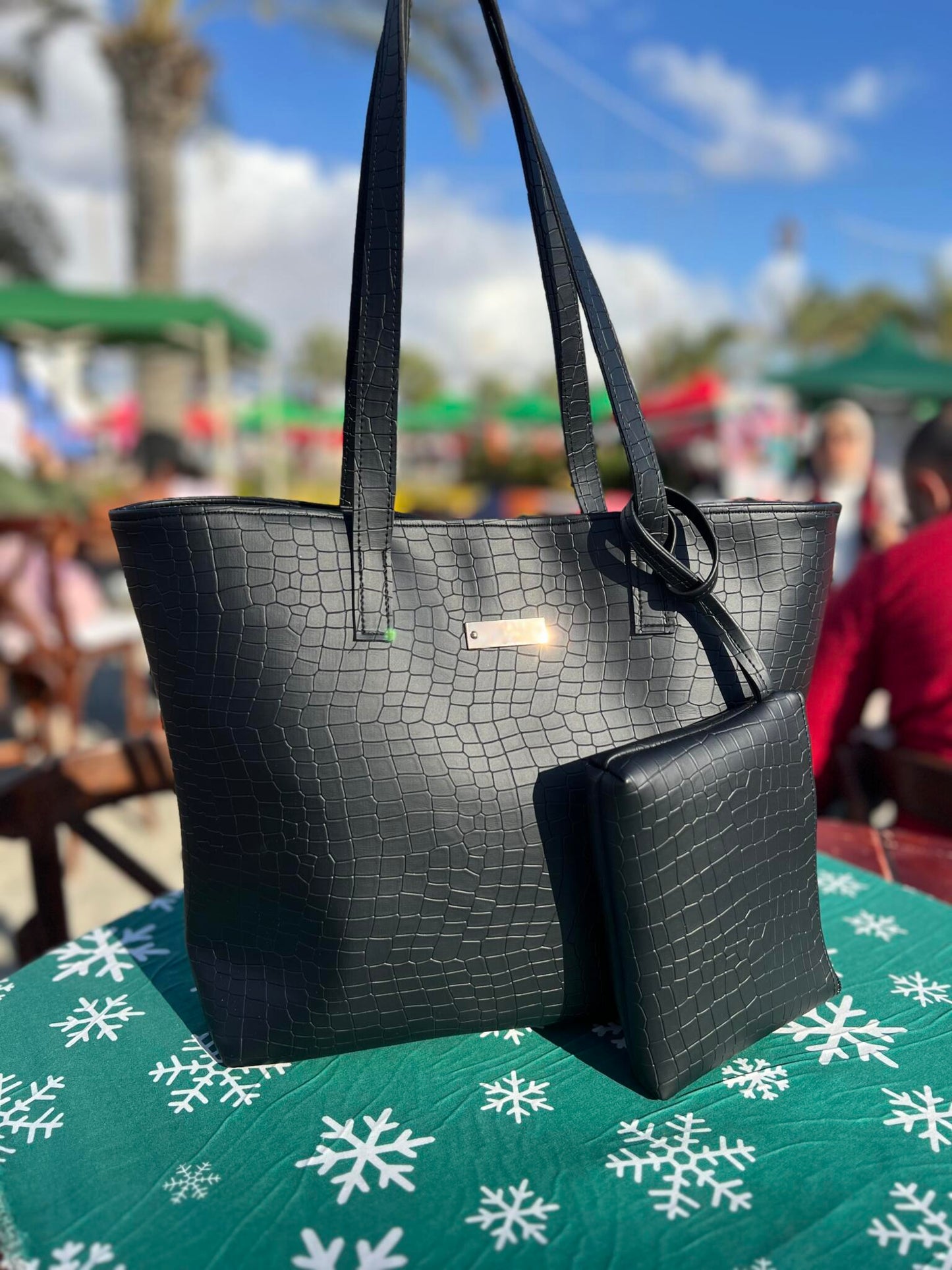 Black Croc Mat Tote Bag with Matching Pouch