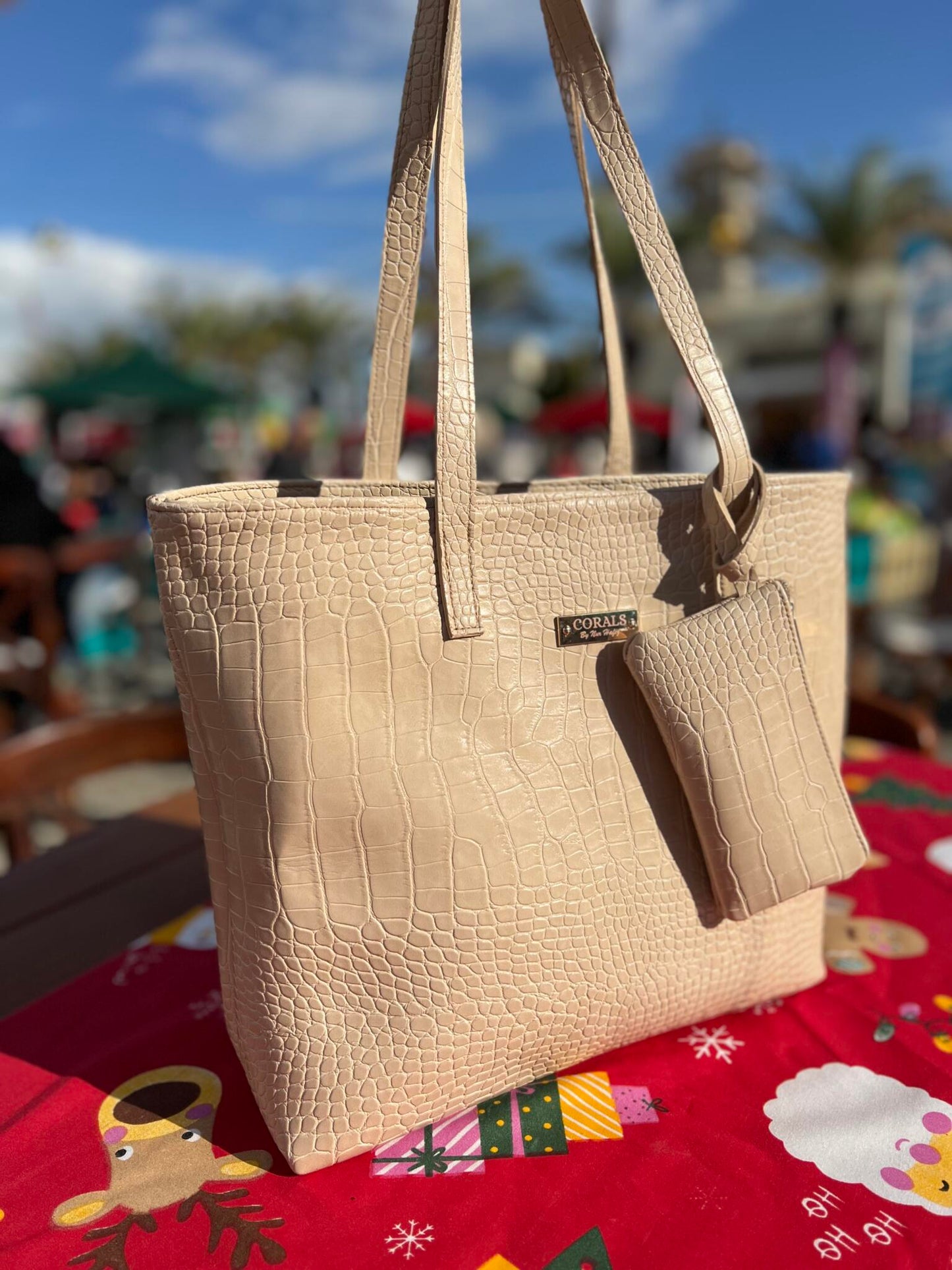 Beige Croc Embossed Tote bag with Detachable Pouch