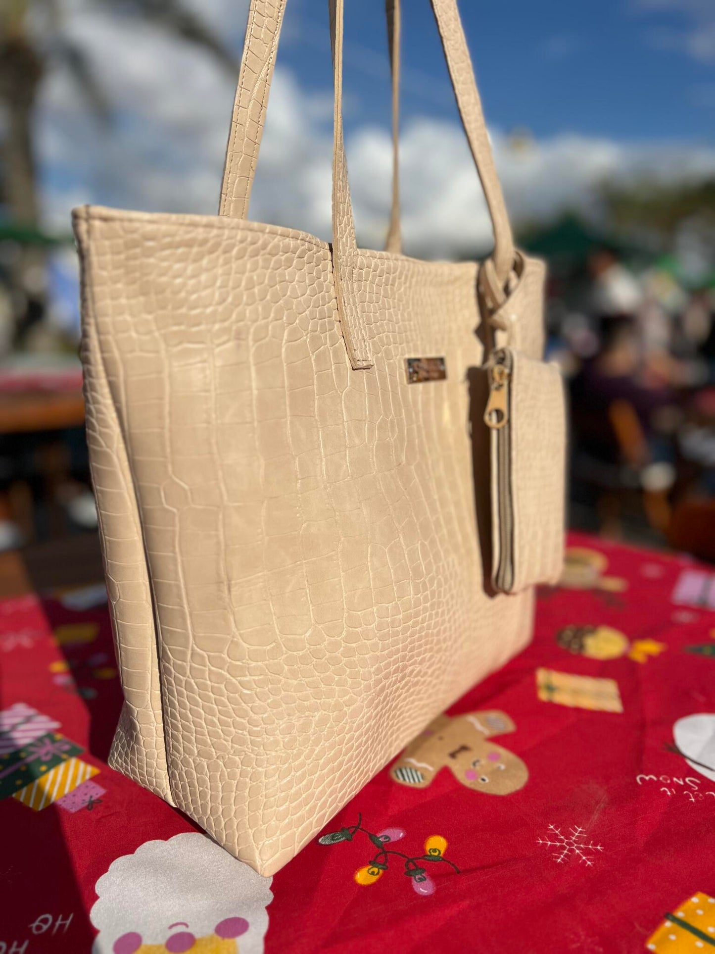 Beige Croc Embossed Tote bag with Detachable Pouch
