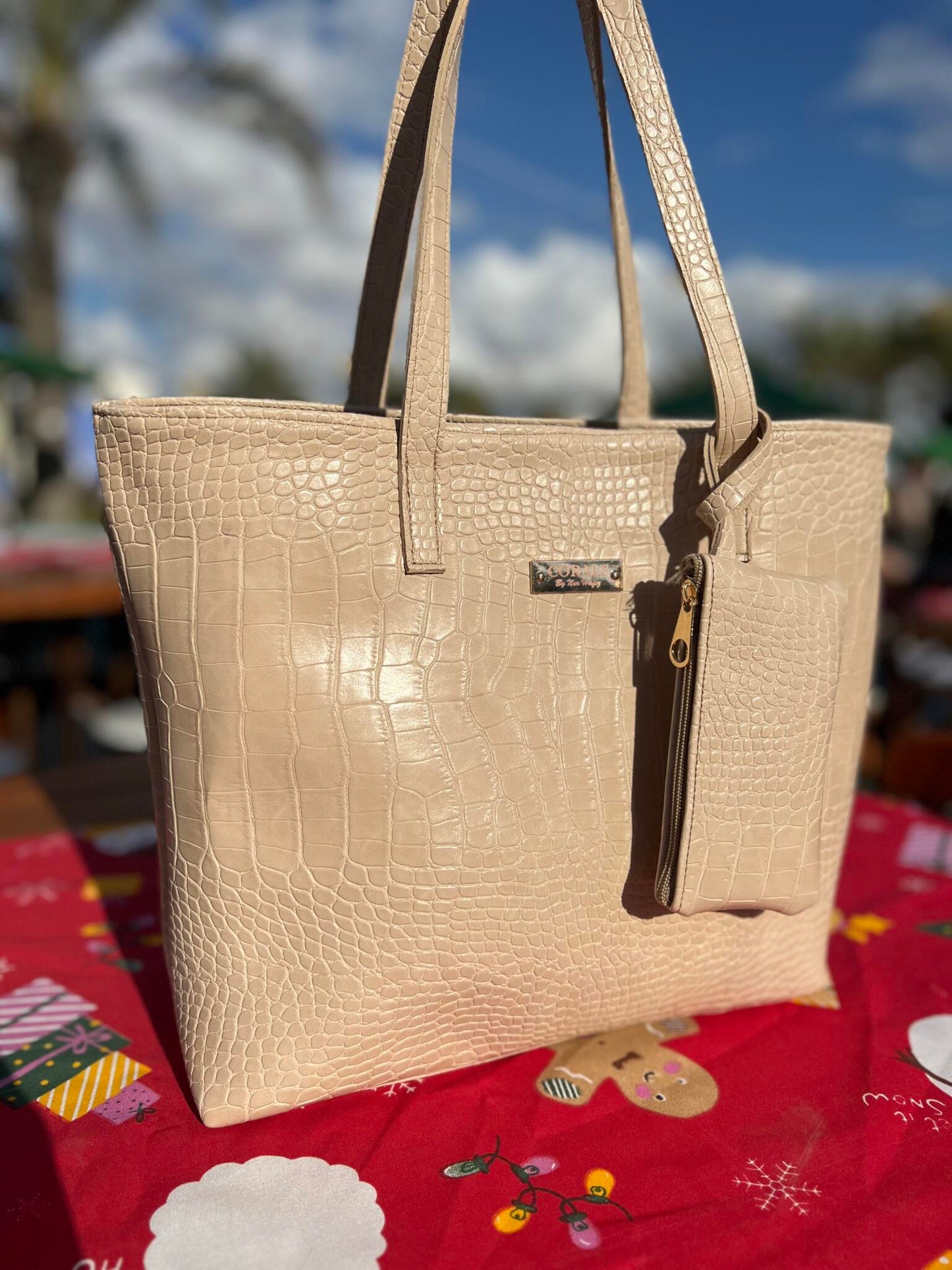 Beige Croc Embossed Tote bag with Detachable Pouch