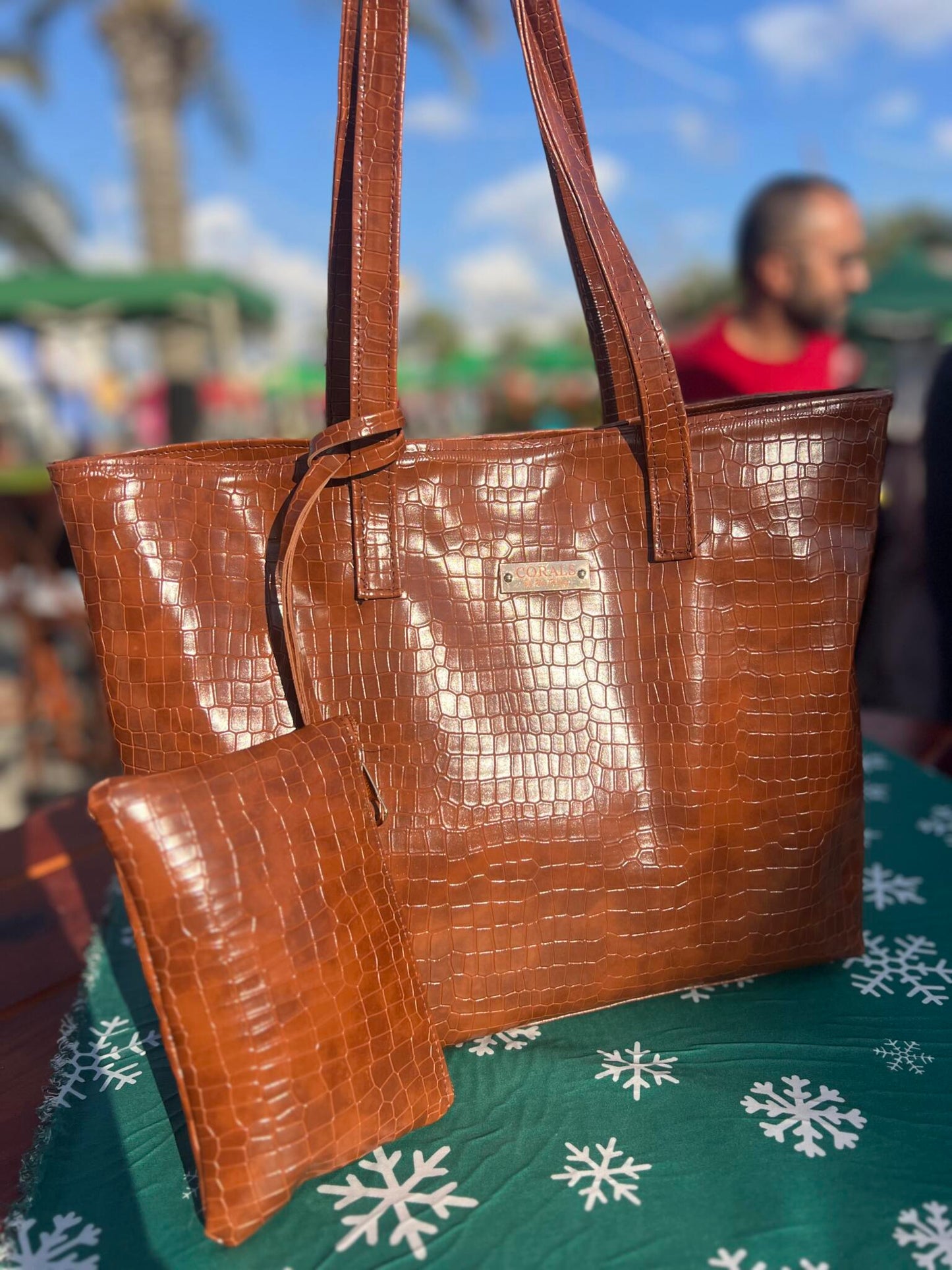 Camel Croc Embossed Tote with Matching Pouch