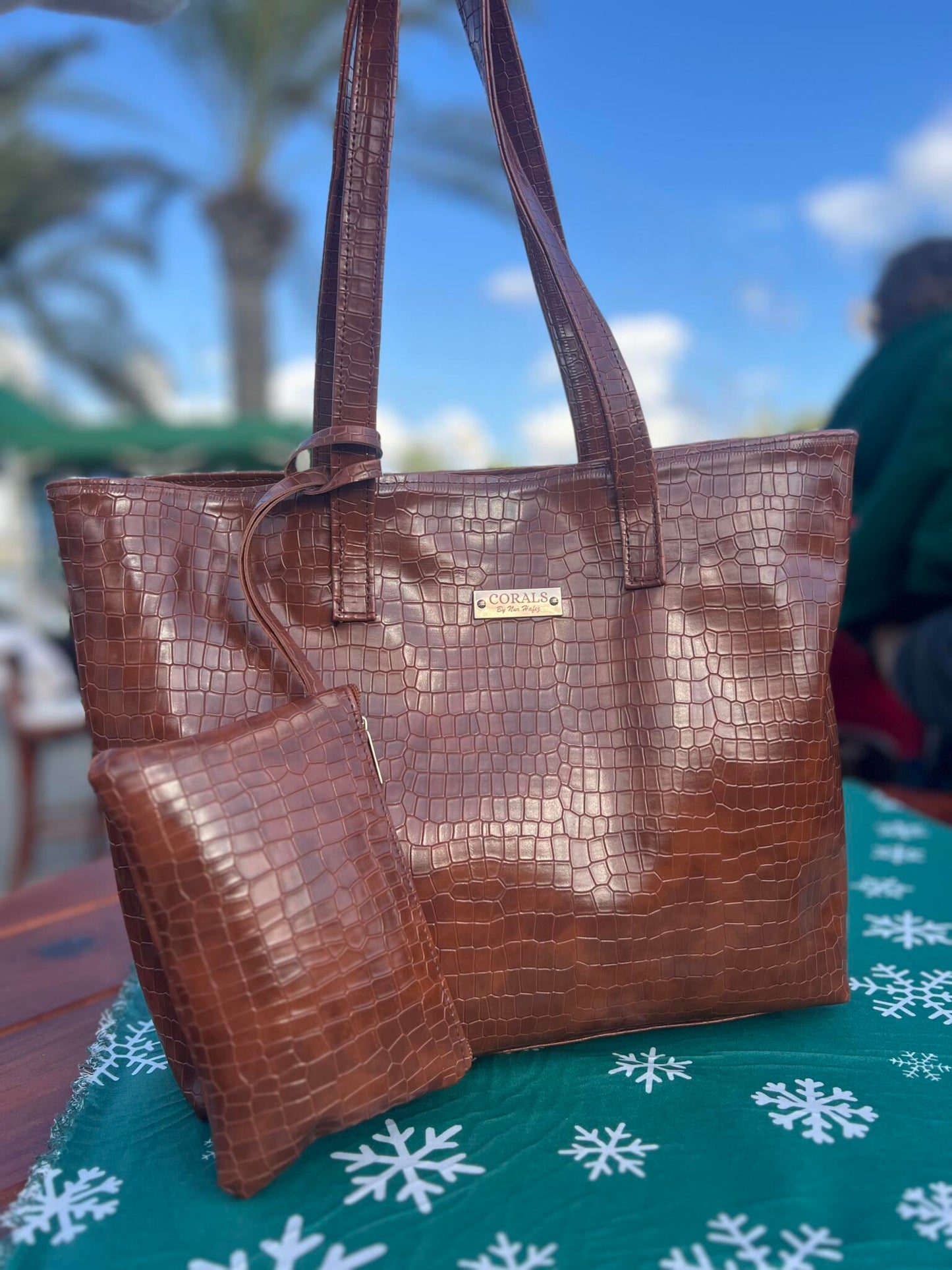 Camel Croc Embossed Tote with Matching Pouch