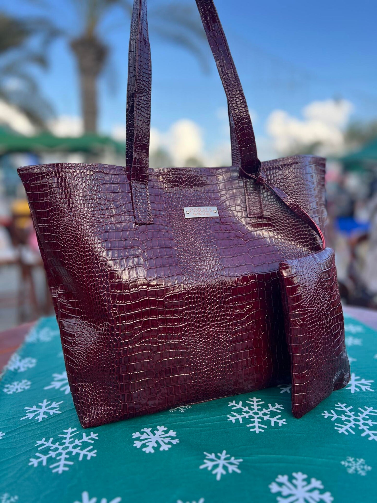 Bold burgundy Croc Embossed Tote with Matching Pouch