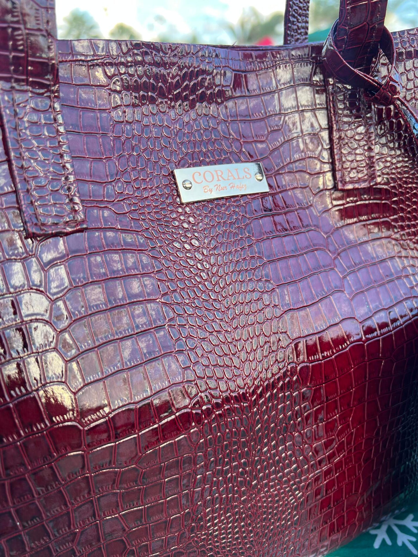 Bold burgundy Croc Embossed Tote with Matching Pouch