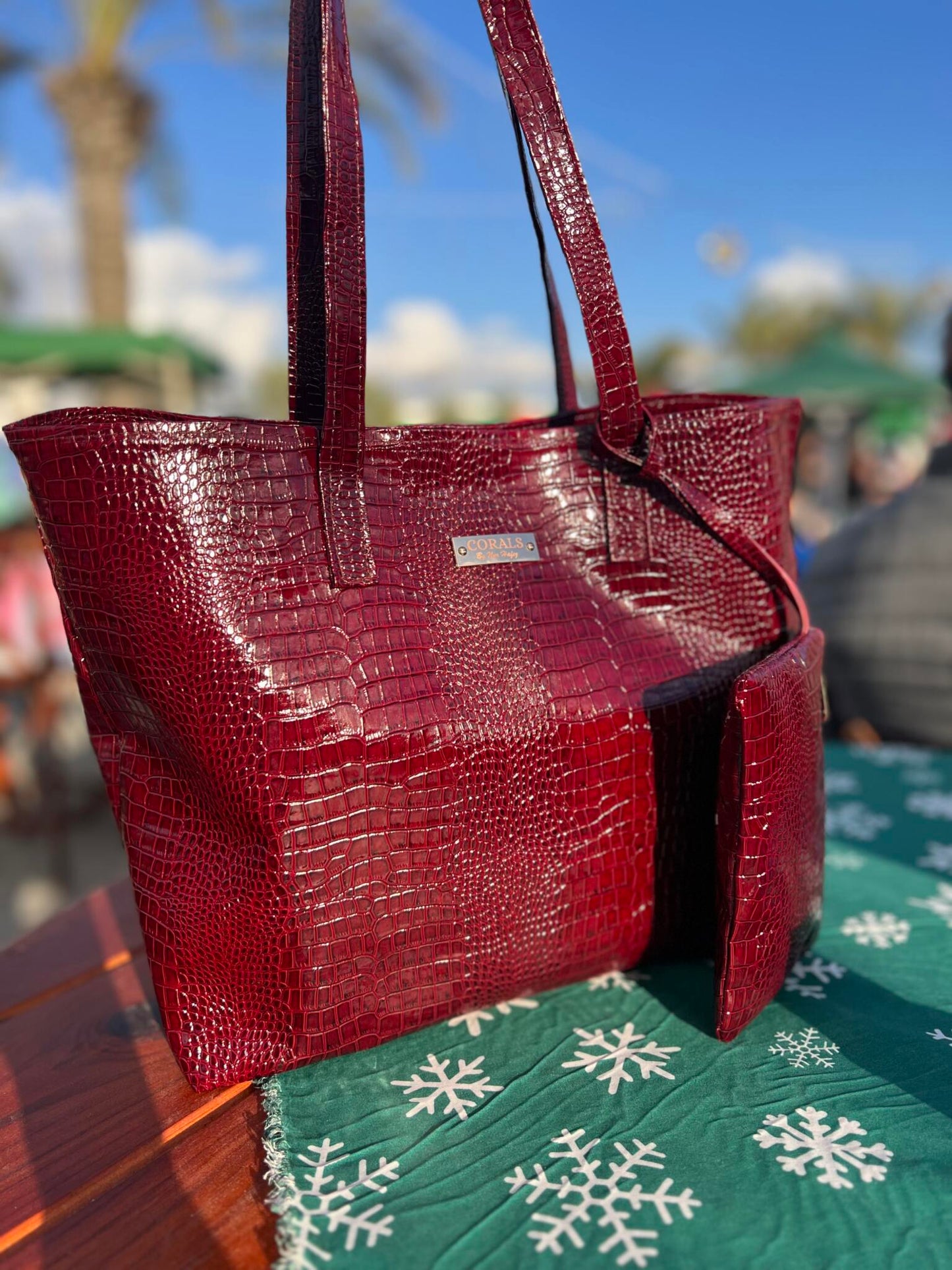 Bold burgundy Croc Embossed Tote with Matching Pouch