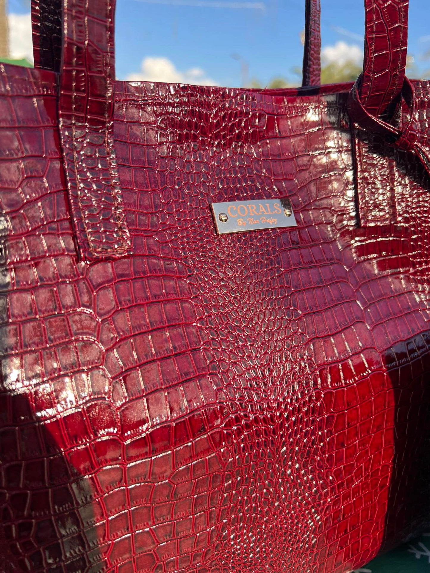 Bold burgundy Croc Embossed Tote with Matching Pouch